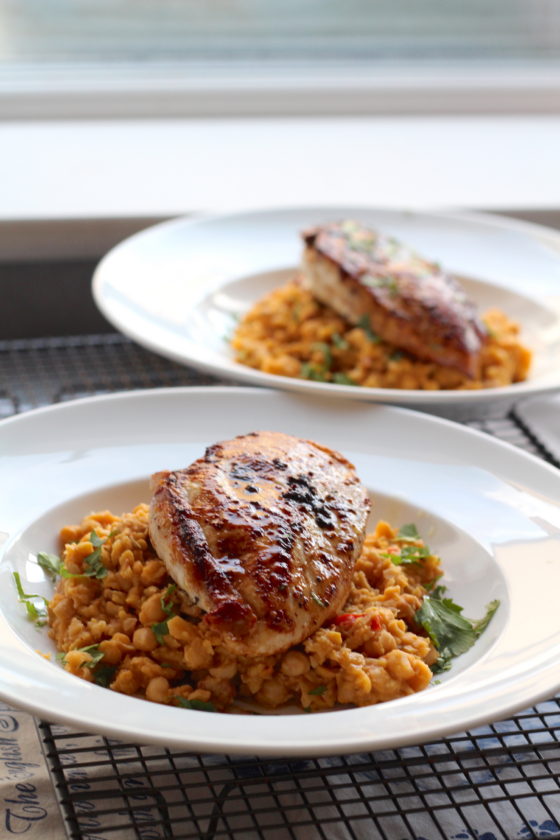 Pan fried chicken breast with chickpea and chorizo mash